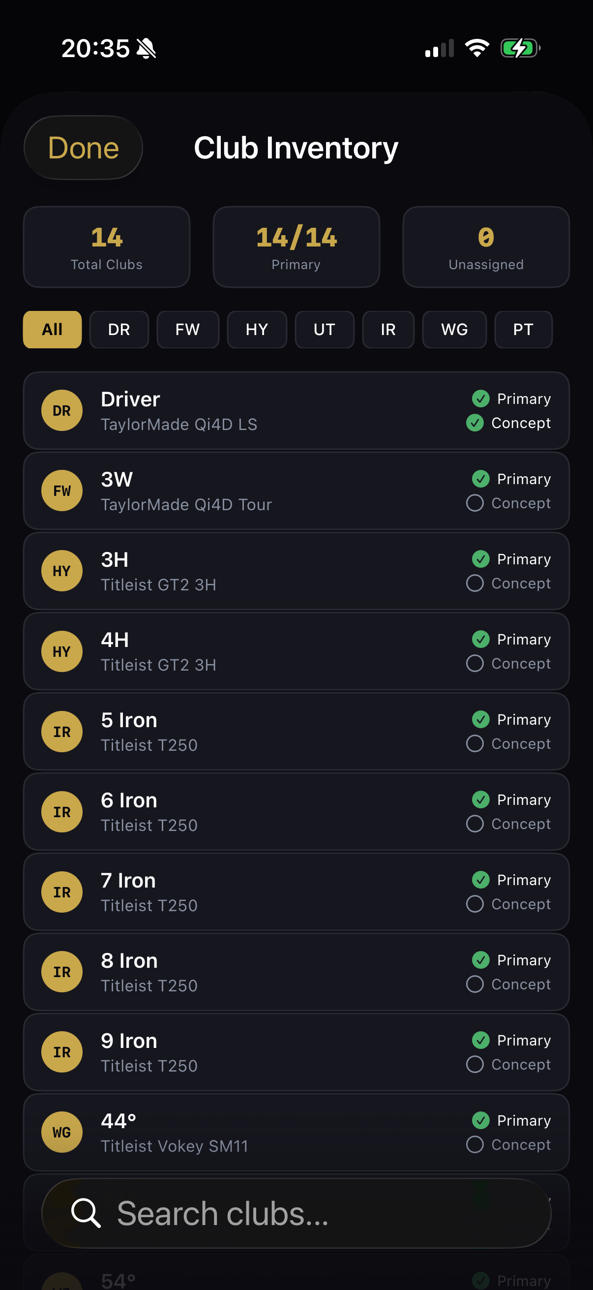 Club Inventory — Primary and Concept columns